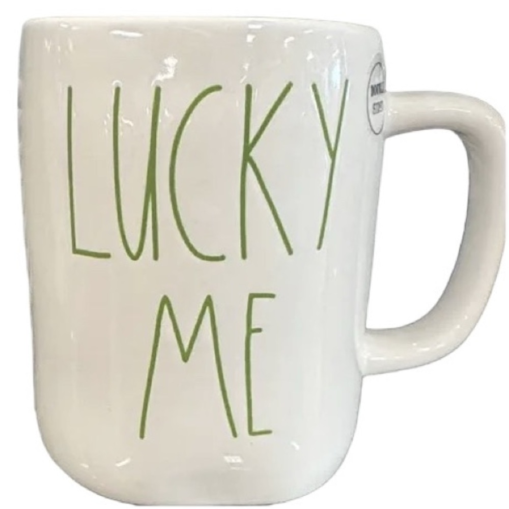 Rae Dunn Double Sided  Cream Mug with Green 'Lucky Me' Text